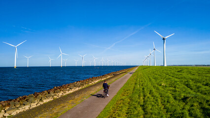 A person gracefully pedals a bike down a path alongside a calm body of water, with windmill turbines