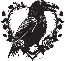 Fototapeta premium Raven Heartbeat Iconic Perched Bird Emblem Hearts Guardian Vector Logo Design with Perched Raven