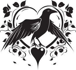 Fototapeta premium Hearts Guardian Vector Logo Design with Perched Raven Raven Affection Heart Vector Logo with Perched Bird