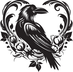 Fototapeta premium Hearts Companion Raven Perched on Heart Vector Logo Ravens Nest Iconic Vector Logo Design with Perched Bird