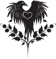 Fototapeta premium Ravens Rest Iconic Perched Bird Emblem Raven Heartbeat Vector Logo Design with Perched Raven