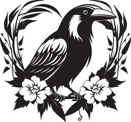 Fototapeta premium Raven Affection Iconic Vector Logo with Perched Bird Heartfelt Raven Heart Vector Logo Design with Perched Bird Icon