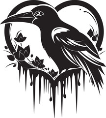 Fototapeta premium Ravens Embrace Heart Symbol with Perched Bird Logo Hearts Guardian Raven Perched Vector Logo Design