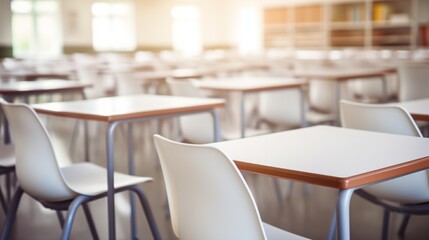 Classroom with white rows of empty chairs and tables View of an empty class on a blurred background