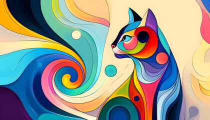 Abstract colorful illustration of cat. Vibrant curves and swirls art.