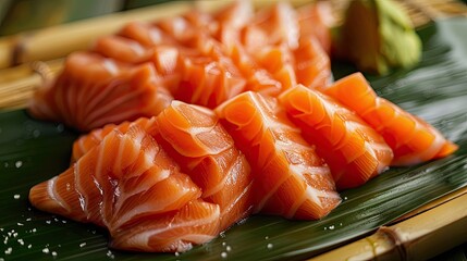 A close view of sashimi pieces fanned out on a bamboo leaf