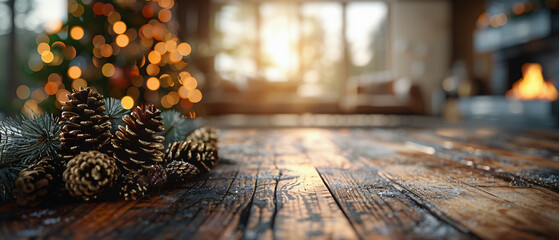 Christmas decoration on a wooden table on a blurry light background of a modern furnished living room. Christmas holidays - obrazy, fototapety, plakaty