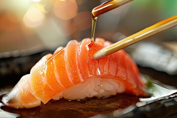 A piece of sashimi caught in the moment its dipped into a delicate soy sauce blend - obrazy, fototapety, plakaty