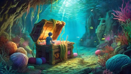 A whimsical scene set in an underwater cave illuminated by the glowing light of bioluminescent plants and creatures. In the center - obrazy, fototapety, plakaty