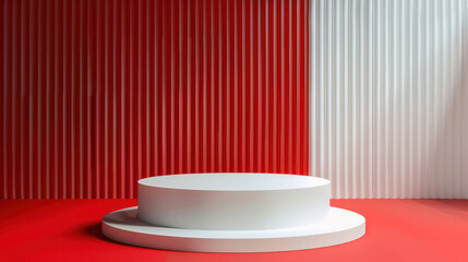 A white pedestal is in front of a red wall