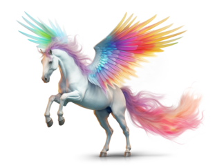White pegasus horse with rainbow wings on isolated transparent background