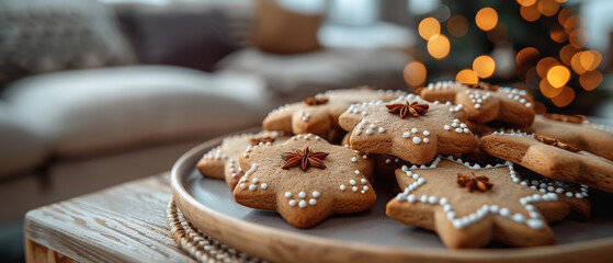 Christmas cookies on a plate. Christmas gingerbread cookies on a plate on a wooden countertop on a...