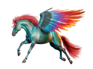 Majestic colorful green pegasus with rainbow wings on isolated background