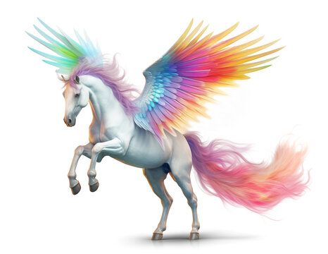 White pegasus horse with rainbow wings on isolated transparent background