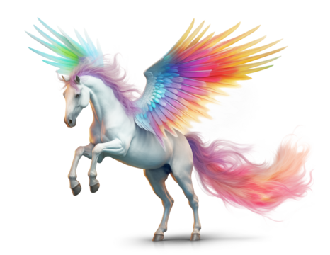 White pegasus horse with rainbow wings on isolated transparent background