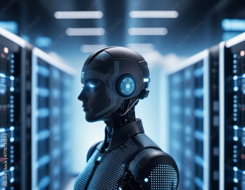 Poster robot standing in front of row of servers