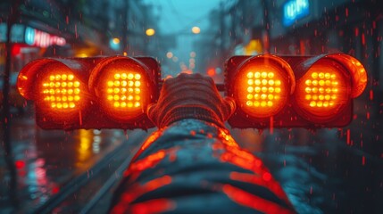 a red traffic light sitting on the side of a road next to a traffic light on a wet city street. - obrazy, fototapety, plakaty