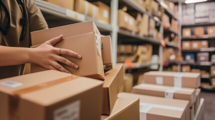 A postal worker disassembles and sorts parcels in a warehouse for further sending to the client by courier