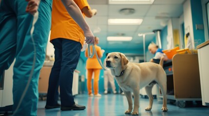The veterinary clinic is waiting to welcome a veterinary Labrador dog with its owner. pet health problems, care, veterinary care