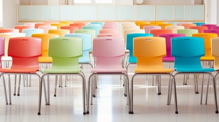 Classroom with colorful chairs Empty classroom with modern chairs in a row for learning Front view background very close up of brown row chairs back to school - Powered by Adobe