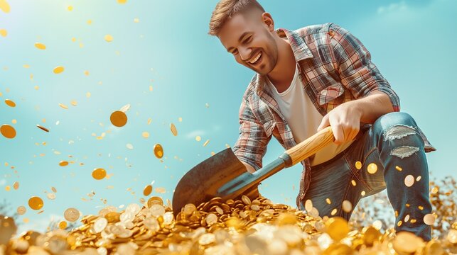 A happy and rich man with a shovel will rake in a lot of gold, gold coins. Wealth, inheritance, lucky person, big earnings financial flow, money maker