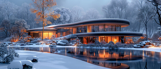 An ultra-modern house decorated for Christmas on the edge of a snowy forest. Christmas elements.