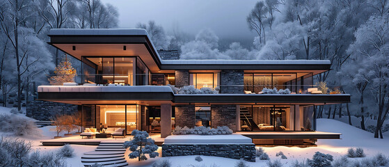 House in the snow. An ultra-modern house decorated for Christmas on the edge of a snowy forest. Christmas elements.