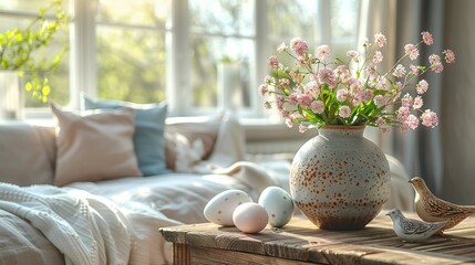 Interior of modern living room with flowers, Easter eggs and porcelain quails on coffee table - obrazy, fototapety, plakaty