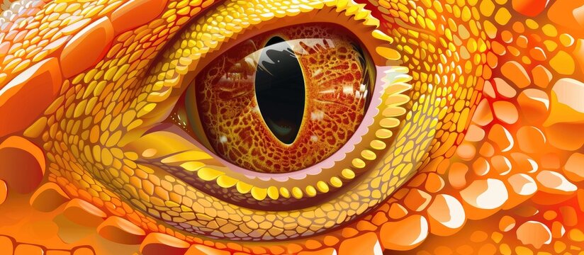 A macro photograph of a scaled reptiles eye with yellow spots resembling a circle pattern. This terrestrial animal is a stunning art piece in visual arts and can inspire fashion accessories