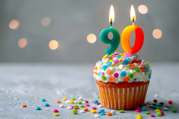 Birthday cupcake with number ninety candle
