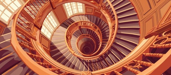 looking up at a spiral staircase in a building . High quality