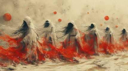 a painting of a group of women in white robes with red balls floating in the air in front of them. - obrazy, fototapety, plakaty