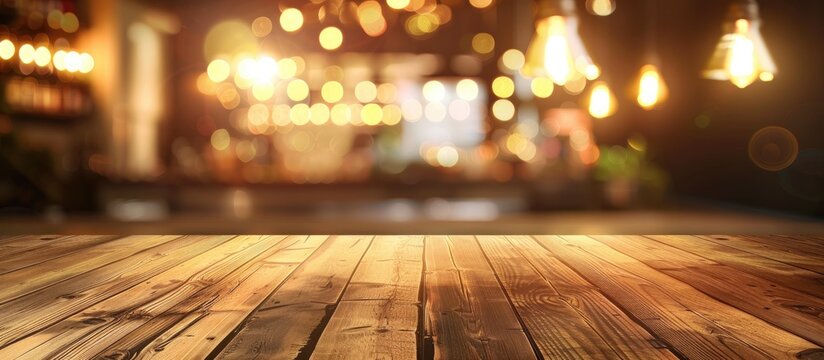 A brown wooden table made of hardwood plank with a blurry background of a bar. The sunlight shines on the amber flooring and plant nearby