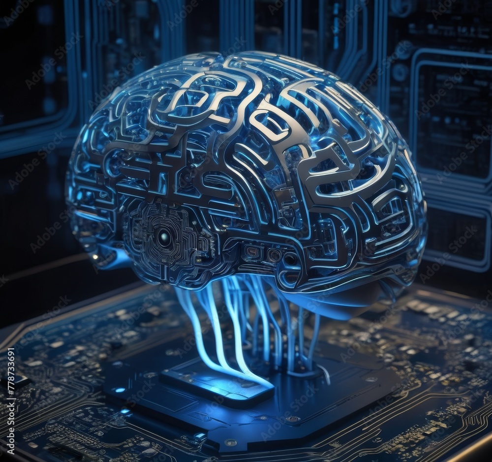 Poster an artistic interpretation of a cybernetic brain, with intricate circuit designs and a holographic-l