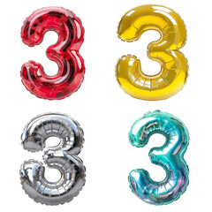4 Style of balloon font 3d rendering, number three, 3 isolated on white background.