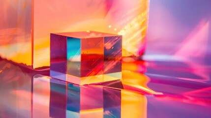 A cube is sitting on a reflective surface, surrounded by a colorful background