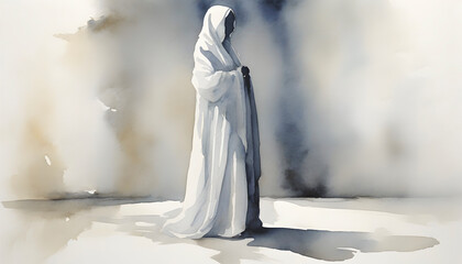 Watercolor painting of Mother Mary in an impressionist style..