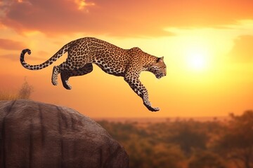 Leopard on the hunt in a jump on the day of Africa in nature against the backdrop of the rising sun. AI generated.