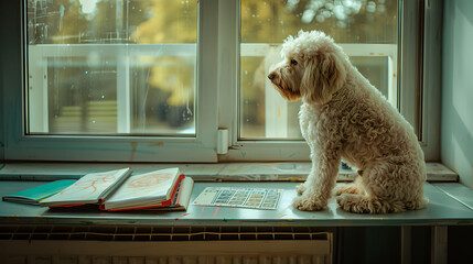 A white bordoodle sits at a bench in a secondary school