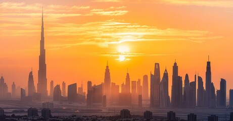 Fototapeta na wymiar Dawning Metropolis: Sunrise Illuminates Urban Skyline in Warm Hues