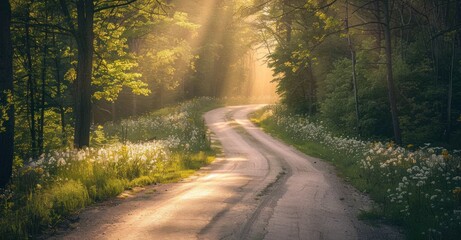 tranquil Pathway: Winding Country Road Amid Blooming Wildflowers, Towering Trees, and Sunlit Serenity