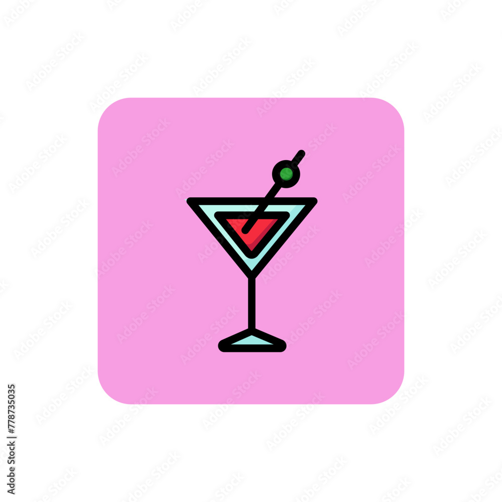 Sticker icon of martini glass. vermouth, alcohol, olive. cocktail and celebration concept. can be used for t