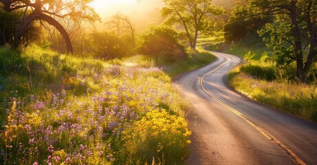 tranquil Pathway: Winding Country Road Amid Blooming Wildflowers, Towering Trees, and Sunlit Serenity