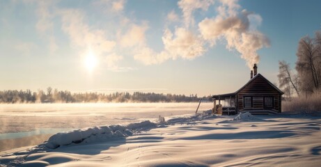 Winter Haven: Rustic Cabin by Frozen Lake, Smoke Rising into Sunlit Snowscape