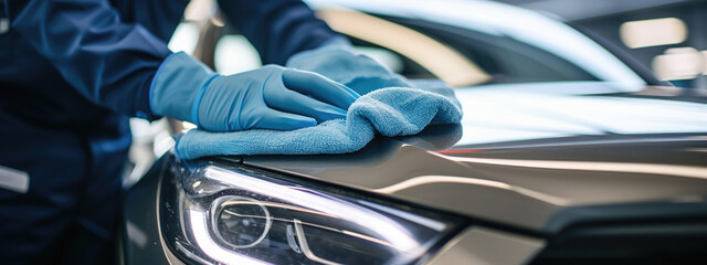 a man wipes a car with a rag close-up - obrazy, fototapety, plakaty