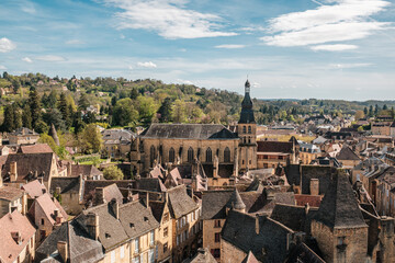 View over the rooftops of Sarlat-la-Caneda in the Dordogne region of France looking towards the Cathedrale Saint Sacerdos