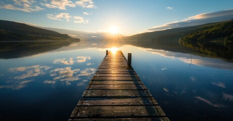 Tranquil Waters: Countryside Lake Mirroring Sunlit Mountains, Wooden Dock Amid Serene Beauty - obrazy, fototapety, plakaty