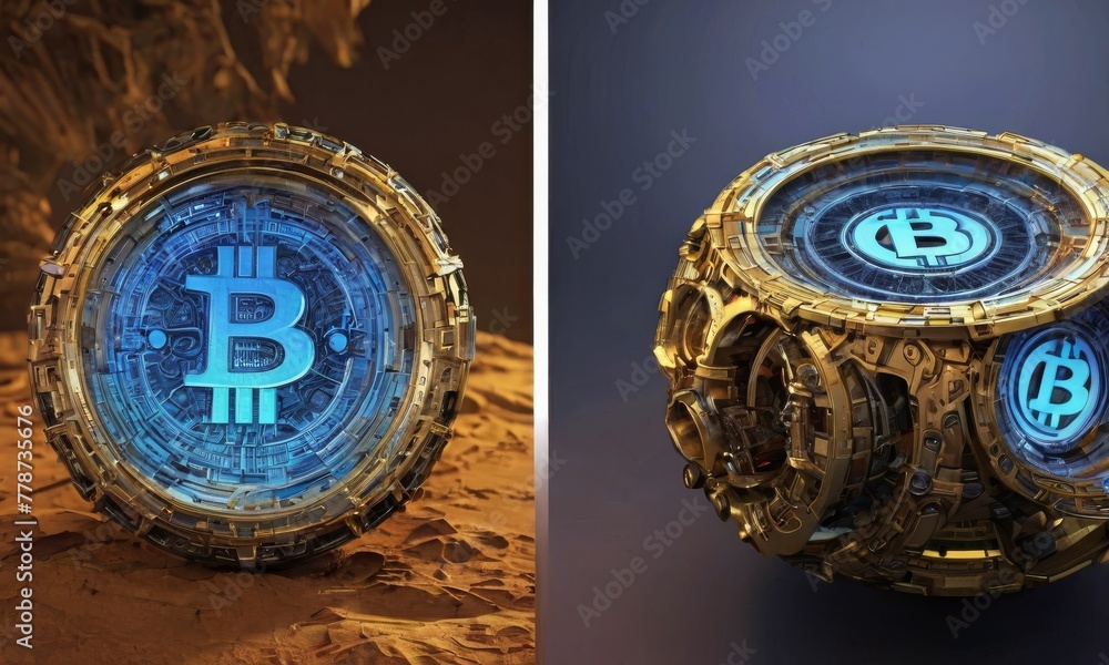 Poster this image features a mechanized bitcoin symbol in two variations: radiant blue illumination on mars