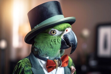 Mr green parrot gentleman in boss hat and scientist. AI generated.