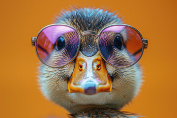 A photo of an duck wearing pink glasses, orange background. Created with Ai
